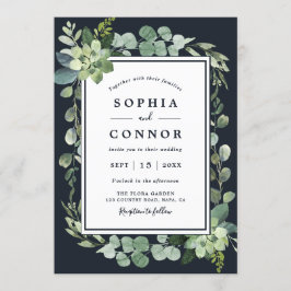 Midnight Navy Blauw Succulent Bruiloft Kaart