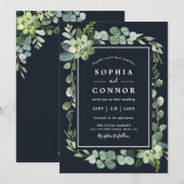 Midnight Navy Blauw Succulent Bruiloft Kaart (Voorkant / Achterkant)