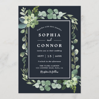 Midnight Navy Blauw Succulent Bruiloft Kaart