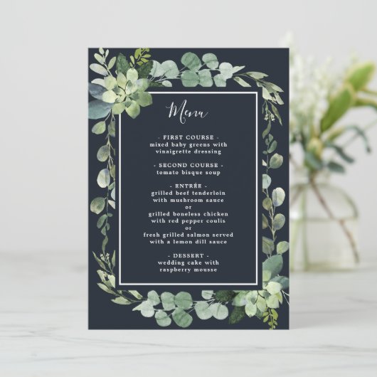 Midnight Navy Blauw Succulent Bruiloft Menu (Staand voorkant)