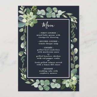 Midnight Navy Blauw Succulent Bruiloft Menu