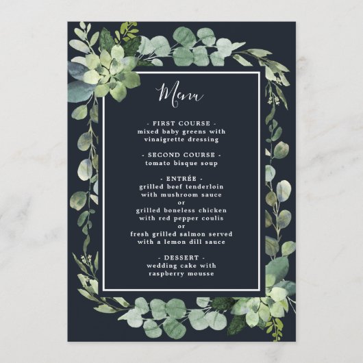 Midnight Navy Blauw Succulent Bruiloft Menu (Voorkant)