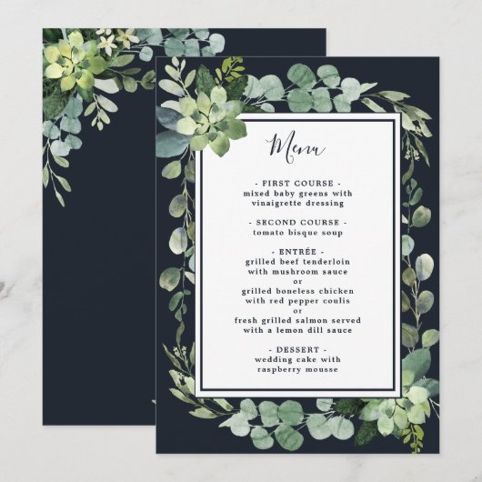 Midnight Navy Blauw Succulent Bruiloft Menu (Voorkant / Achterkant)