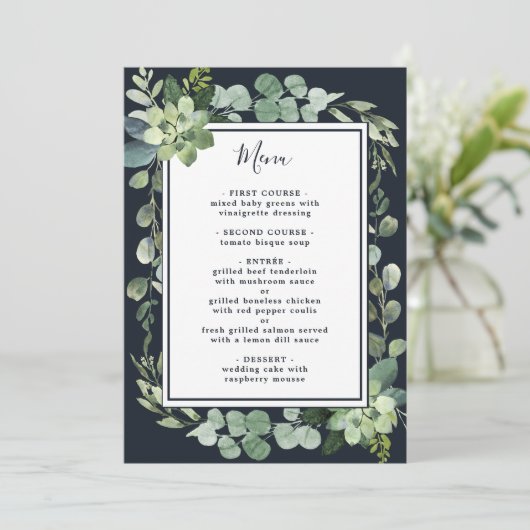 Midnight Navy Blauw Succulent Bruiloft Menu (Staand voorkant)