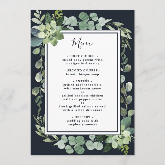 Midnight Navy Blauw Succulent Bruiloft Menu (Voorkant)
