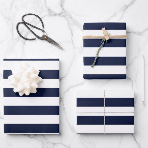 Midnight Navy Blauwe en Witte Strepen Inpakpapier Vel