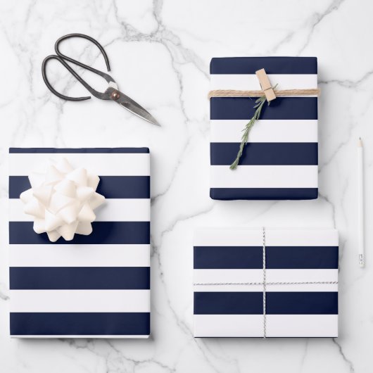 Midnight Navy Blauwe en Witte Strepen Inpakpapier Vel (Voorkant)