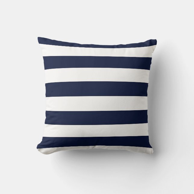 Midnight Navy Blauwe en Witte Strepen Kussen (Voorkant)