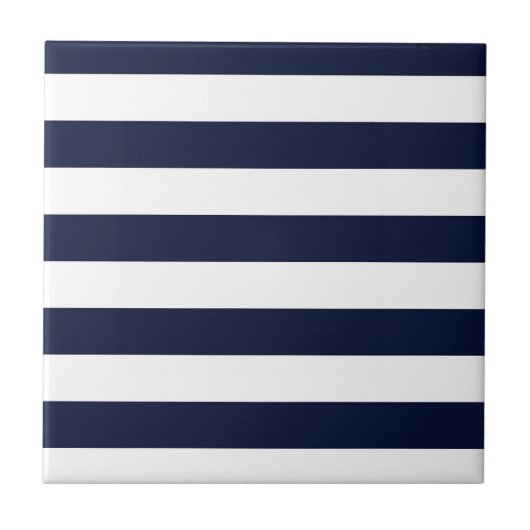 Midnight Navy Blauwe en Witte Strepen Tegeltje (Voorkant)