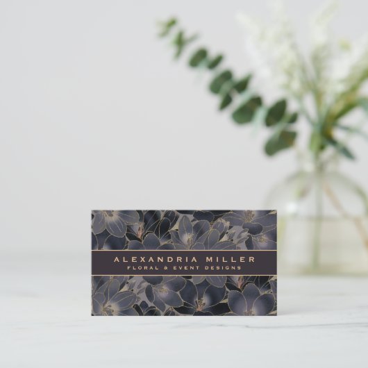 Midnight Navy Blue & Grey Floral Visitekaartje (Staand voorkant)