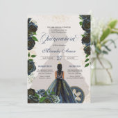 Midnight Navy Blue Rozen Fancy Charro Quinceanera Kaart (Staand voorkant)