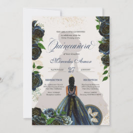 Midnight Navy Blue Rozen Fancy Charro Quinceanera Kaart