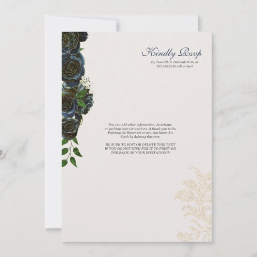 Midnight Navy Blue Rozen Fancy Charro Quinceanera Kaart (Achterkant)