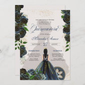 Midnight Navy Blue Rozen Fancy Charro Quinceanera Kaart (Voorkant / Achterkant)