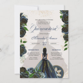Midnight Navy Blue Rozen Fancy Charro Quinceanera Kaart