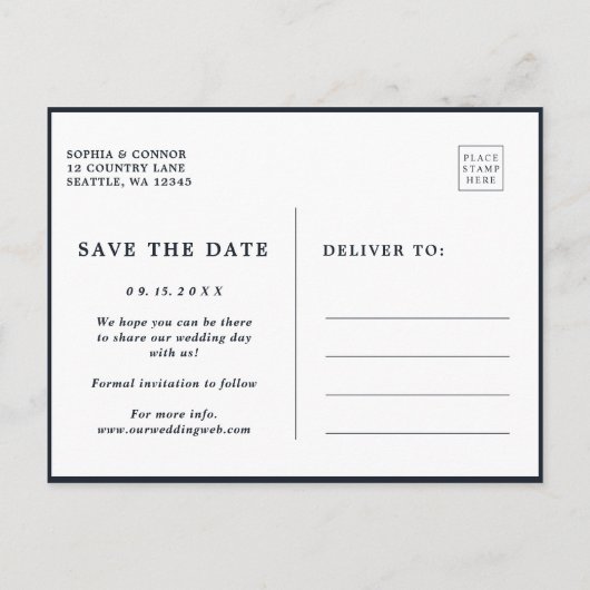 Midnight Navy Blue Succulent Bruiloft Save the Dat Aankondigingskaart (Achterkant)