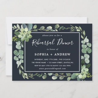 Midnight Navy Blue Succulent Rehearsal Dinner Kaart