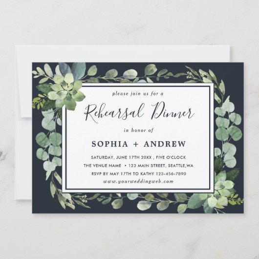 Midnight Navy Blue Succulent Rehearsal Dinner Kaart (Voorkant)