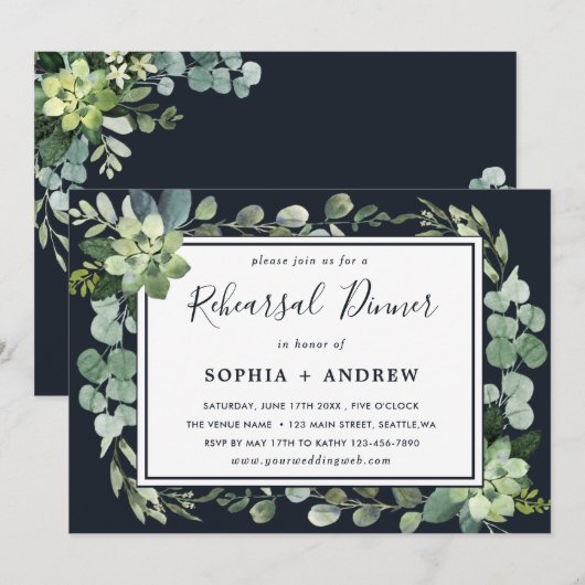 Midnight Navy Blue Succulent Rehearsal Dinner Kaart (Voorkant / Achterkant)