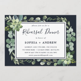 Midnight Navy Blue Succulent Rehearsal Dinner Kaart