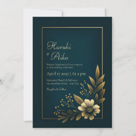 Midnight Navy Gold Botanical Wedding Kaart