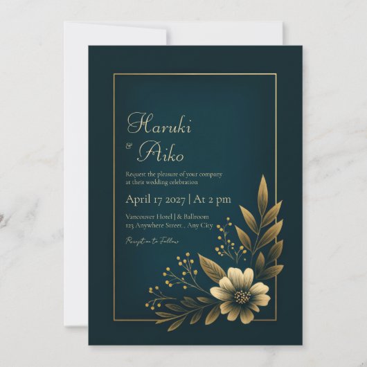 Midnight Navy Gold Botanical Wedding Kaart (Voorkant)