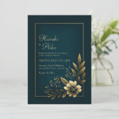Midnight Navy Gold Botanical Wedding Kaart (Staand voorkant)