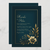 Midnight Navy Gold Botanical Wedding Kaart (Voorkant / Achterkant)