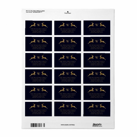 Midnight Navy Gold Herten Familie Monogram Adres Etiket (Full Sheet)