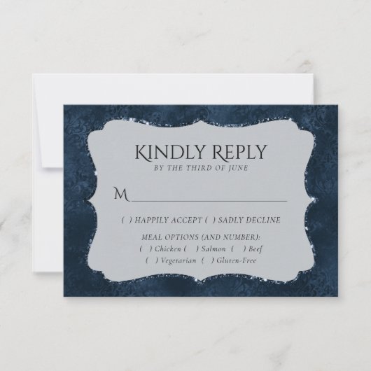 Midnight Navy Romance | Blauw satijnachtige damast RSVP Kaartje (Voorkant)
