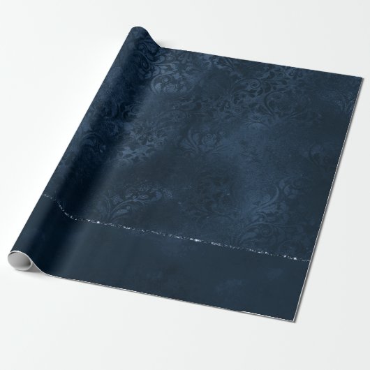 Midnight Navy Romance | Blue Satiny Grunge Damask Cadeaupapier (Uitgerold)