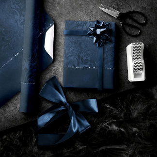 Midnight Navy Romance | Blue Satiny Grunge Damask Cadeaupapier