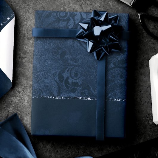 Midnight Navy Romance | Blue Satiny Grunge Damask Cadeaupapier