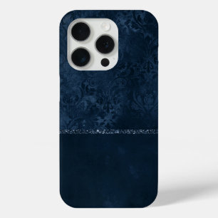 Midnight Navy Romance Blue Satiny Grunge Damask iPhone 15 Pro Case