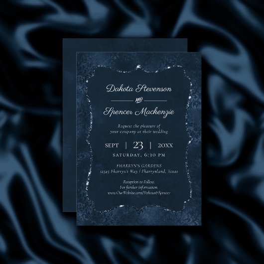 Midnight Navy Romance | Blue Satiny Grunge Damask Kaart