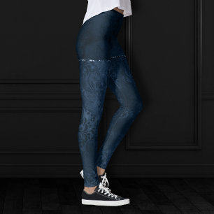 Midnight Navy Romance   Blue Satiny Grunge Damask Leggings
