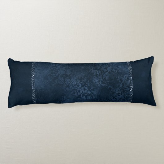 Midnight Navy Romance | Blue Satiny Grunge Damask Lichaamskussen (Achterkant)