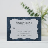 Midnight Navy Romance | Blue Satiny Grunge Damask RSVP Kaartje (Staand voorkant)