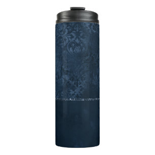 Midnight Navy Romance Blue Satiny Grunge Damask Thermosbeker