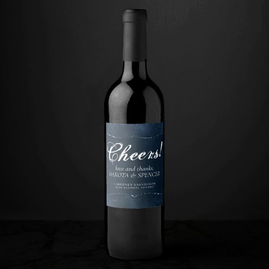 Midnight Navy Romance | Blue Satiny Grunge Damask Wijn Etiket