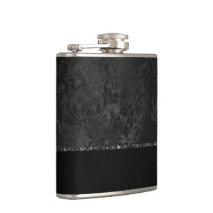 Midnight Onyx Romance Black Satiny Grunge Damask Heupfles