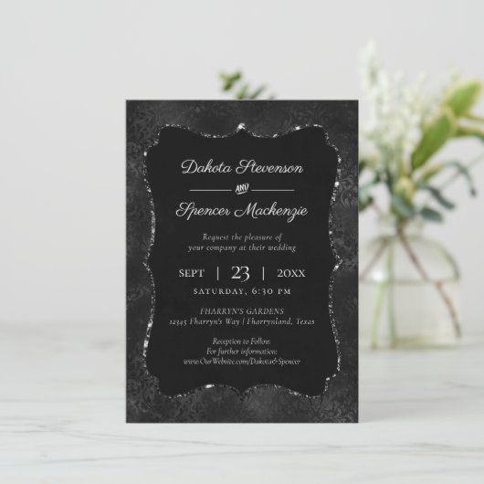 Midnight Onyx Romance | Black Satiny Grunge Damask Kaart (Staand voorkant)