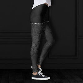 Midnight Onyx Romance | Black Satiny Grunge Damask Leggings