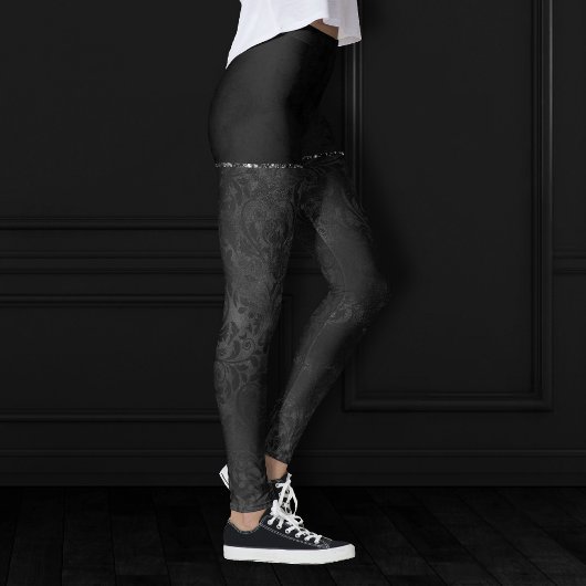 Midnight Onyx Romance | Black Satiny Grunge Damask Leggings