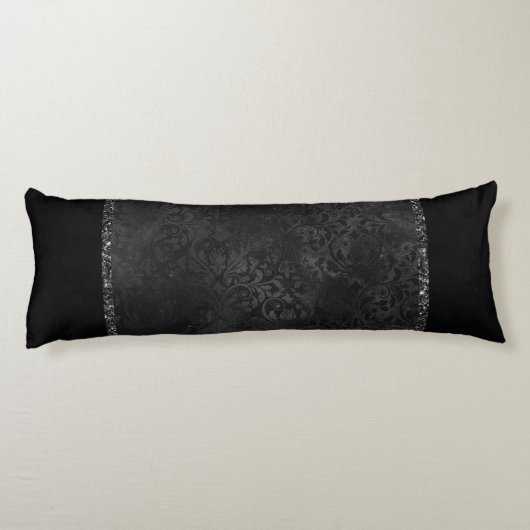 Midnight Onyx Romance | Black Satiny Grunge Damask Lichaamskussen (Achterkant)