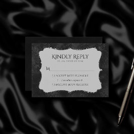 Midnight Onyx Romance | Black Satiny Grunge Damask RSVP Kaartje