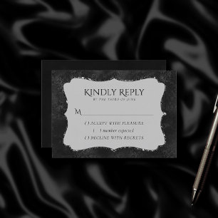 Midnight Onyx Romance   Black Satiny Grunge Damask RSVP Kaartje