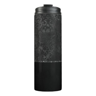 Midnight Onyx Romance Black Satiny Grunge Damask Thermosbeker