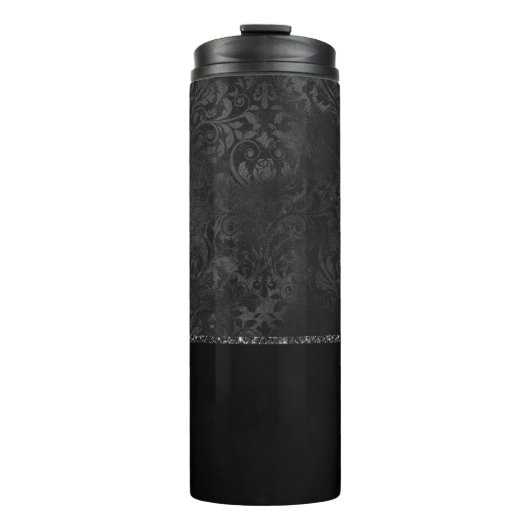 Midnight Onyx Romance | Black Satiny Grunge Damask Thermosbeker (Voorkant)