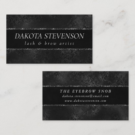 Midnight Onyx Romance | Black Satiny Grunge Damask Visitekaartje (Voorkant / Achterkant)